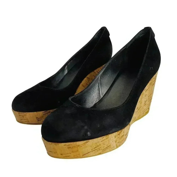 Stuart Weitzman Vintage Black Suede Leather Cork Wedges Women's Size 5 - Picture 1 of 12